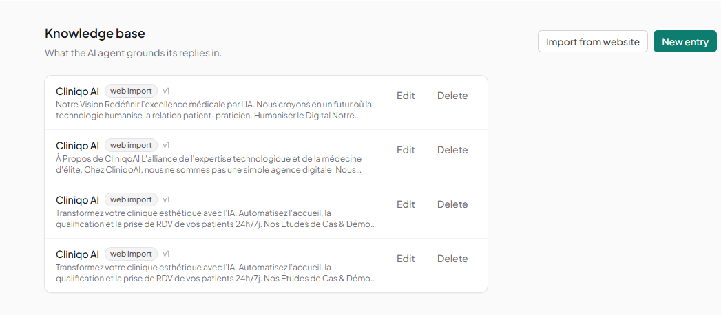 Base de connaissances CliniqoAI utilisée pour configurer l'assistant IA